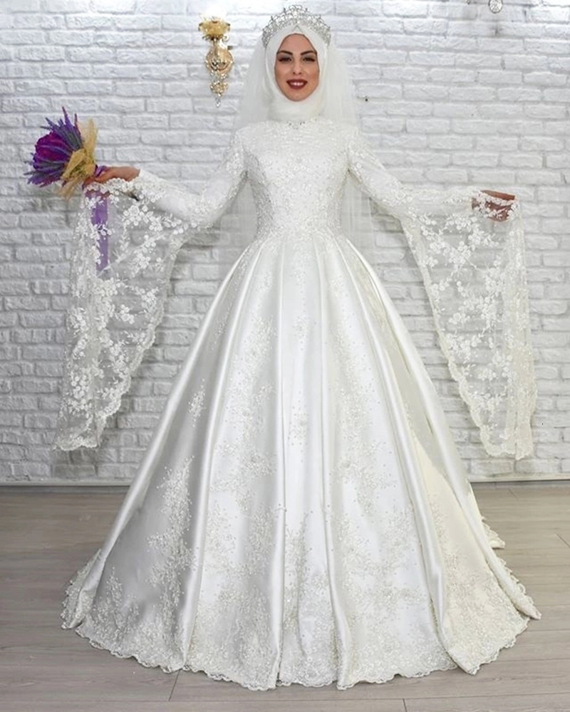 

2021 New Muslim Luxury a High-necked Wedding Line Extension Satin Lace Dressed Up Arab Islamic Bride FZ8K, White