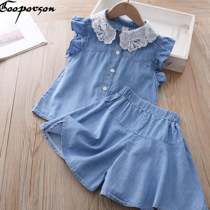 

Gooporson Summer Fashion Little Girls Clothing Set Lace Collar Denim Flying Sleeve Top&shorts Cute Kids Clothes Girl Outfits1, T31033