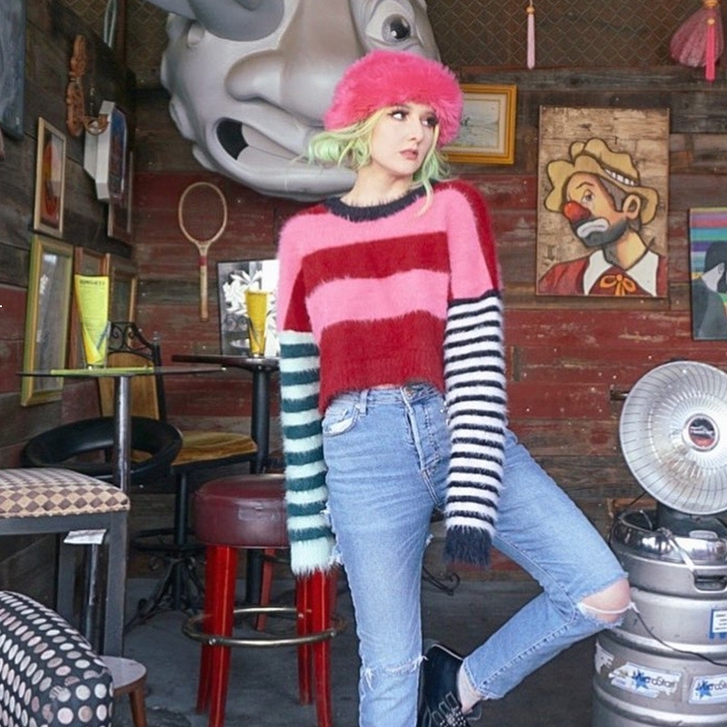 

2021 New Loose Autumn Fairy Mohair Cropped Tops Trim with Nervuras Female Fuzzy Mesh Sweater Fashion Mixed Stripe Pullovers 3PK0 FTDT, Multi