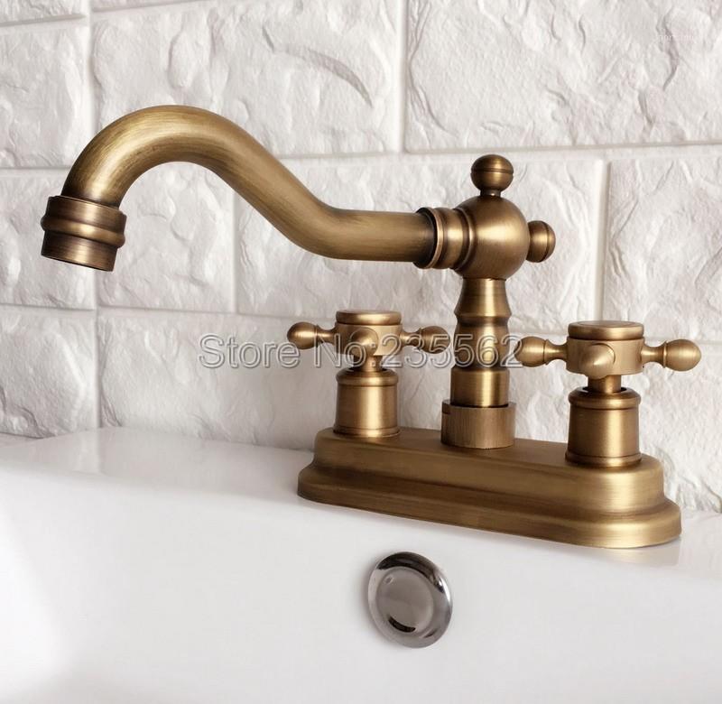 

Deck Mounted Bathroom Sink Wash Basin Water Tap Antique Brass Double Handle Dual Hole Sink Basin Mixer Tap Lan0631