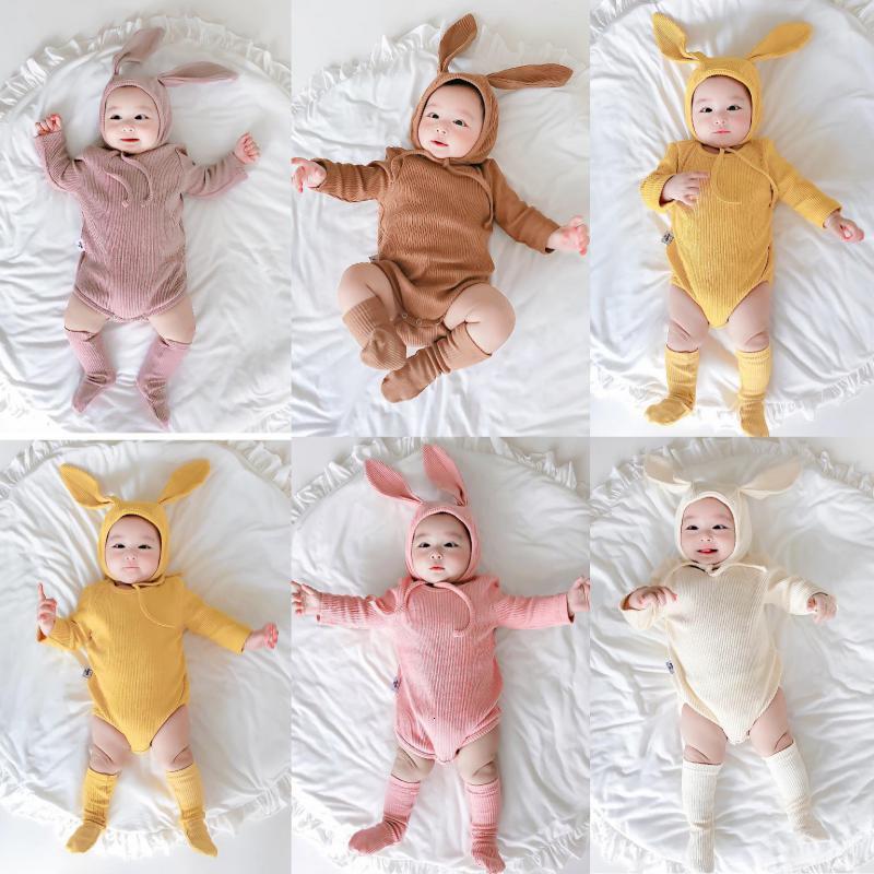 

2021 New Autumn Boys Girls Newborn Bodysuits Cute Jumpsuit Rabbit Ear Hat + Solid Socks 3pcs Baby Clothes Set 6m7m, Hy165brown