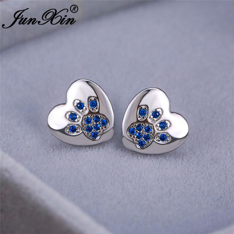 

Animal Bear Cat Dog Stud Earrings For Women Men White Gold Color Black White Blue Zircon Heart Earrings Wedding Jewelry Cz