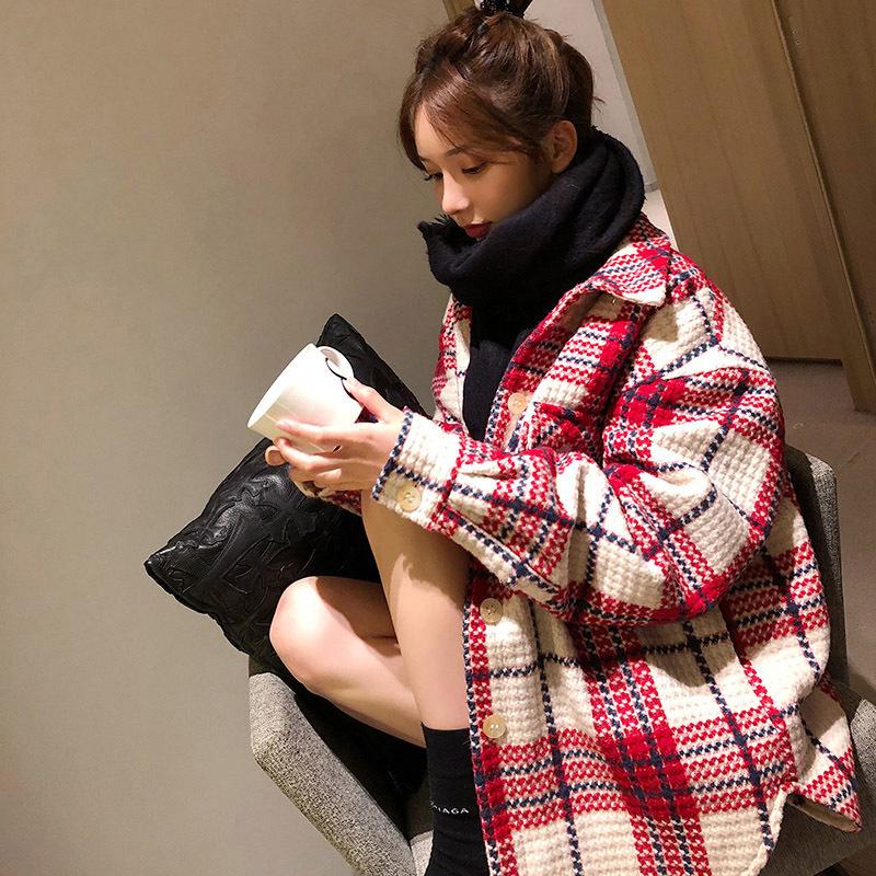 

Women' Plus Cotton Plaid Woolen Coat 2020 Autumn Winter New Loose Korean Casual Thicken Wool Blends Tweed Tops Oversize Coats, Picture color