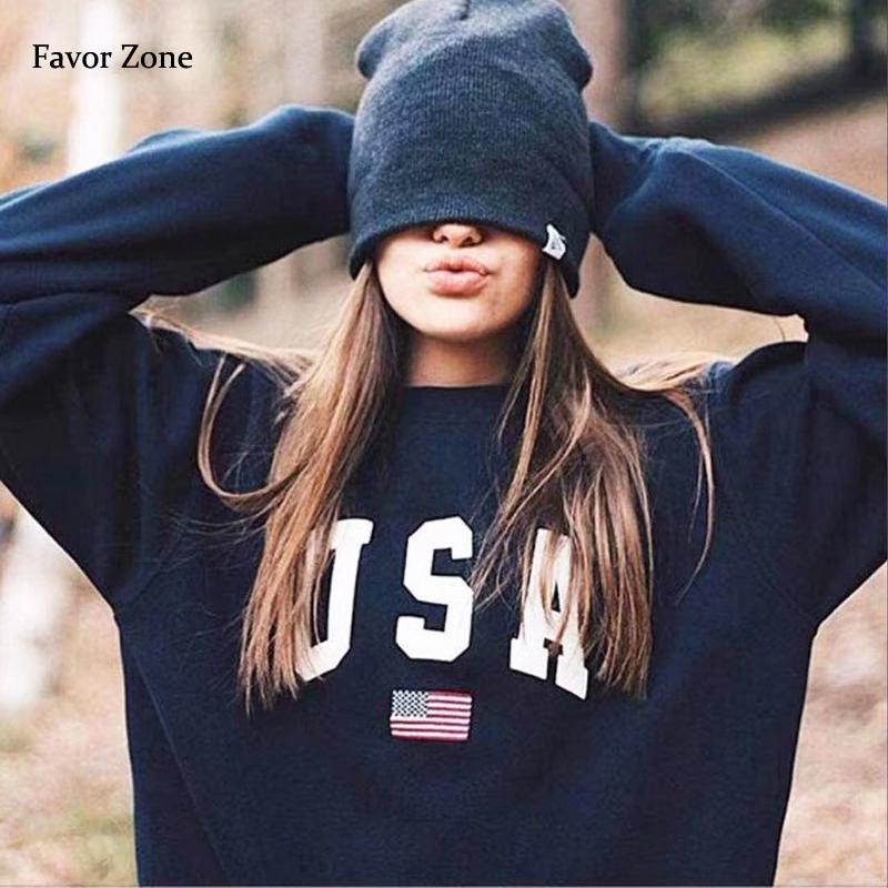 

Black White Women Sweatshirt USA Letter Hoodies Long Sleeve Harajuku Print Pullover Casual Loose Sweatshirts For Women Tops Fall