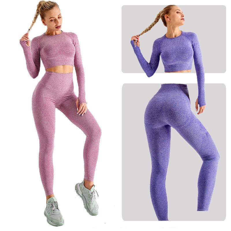 

2-piece women' yoga suit seamless women' gym suit athletic sports sports long sleeve and leggings set, Photo color
