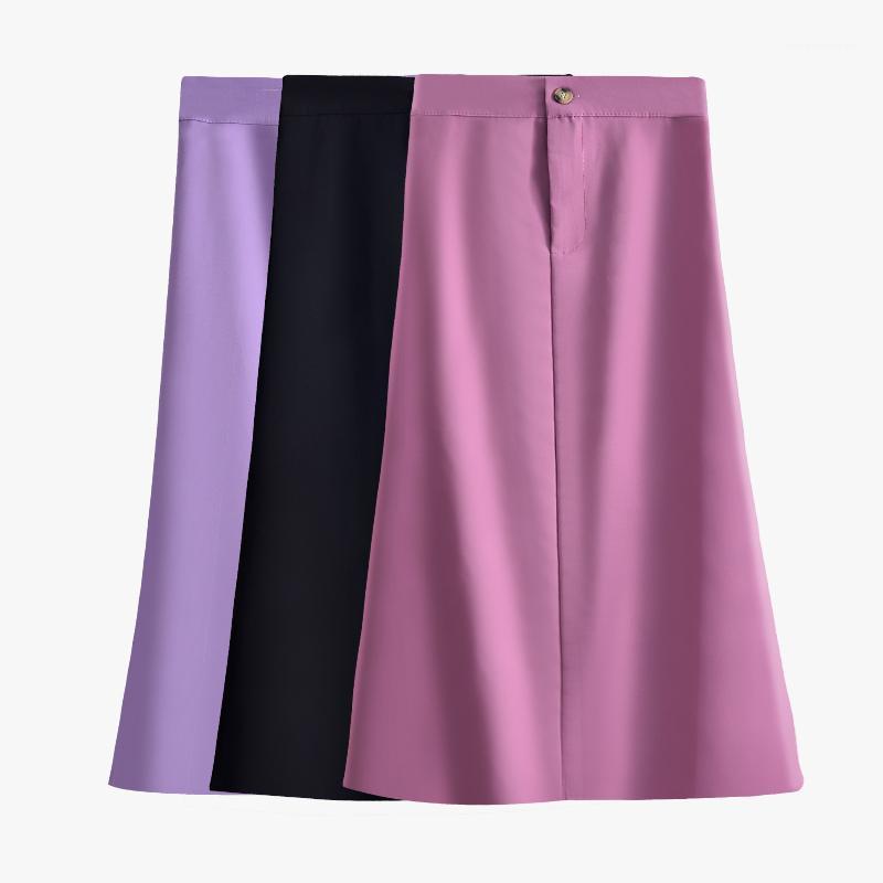 

French Hepburn Style High Waist Elastic Waist Split Slim Solid traight Mid-calf Long Skirt1, Black