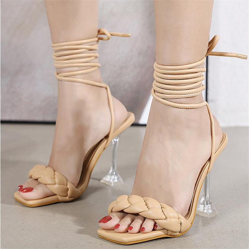 

Women Sandals Hollow Cross-Tied Weave Shoes Fashion Cozy Leather Peep Toe Ankle Strap Ladies Strange Heels Pumps, Black