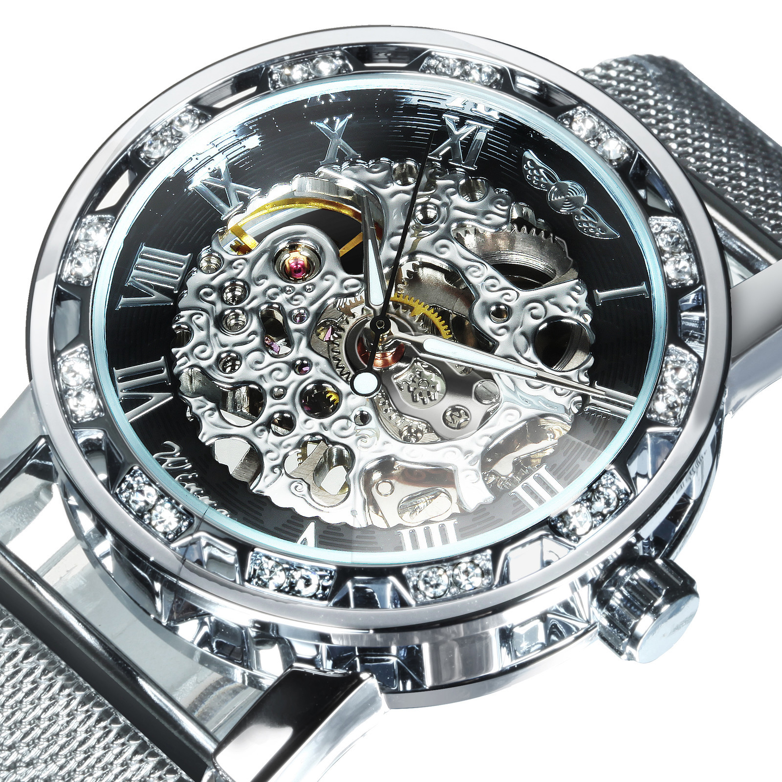 

WINNER Official Fashion Skeleton Men Watches Silver Top Brand Luxury Mechanical Mesh Strap Crystal Iced Out Ultra Thin Ladies 201118, All gold