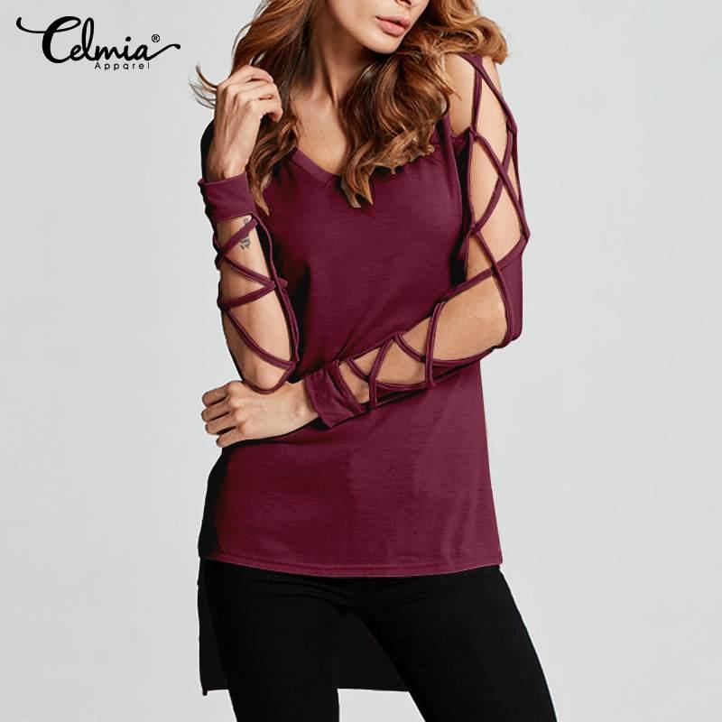 

Celmia Fashion Tops Women Blouse 2020 Sexy V-neck Hollow Long Sleeve Shirts Asymmetrical Casual Loose Solid Ladies Blusas Femme, Black