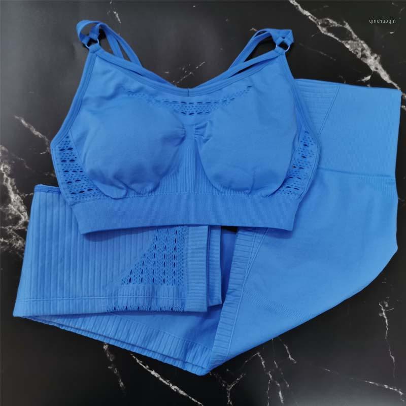 

2 Piece Set Women Yoga Sets Gym Clothes High Waisted Sports Leggings Yoga Pants Fitness Bra Sports Wear1, Blue pant