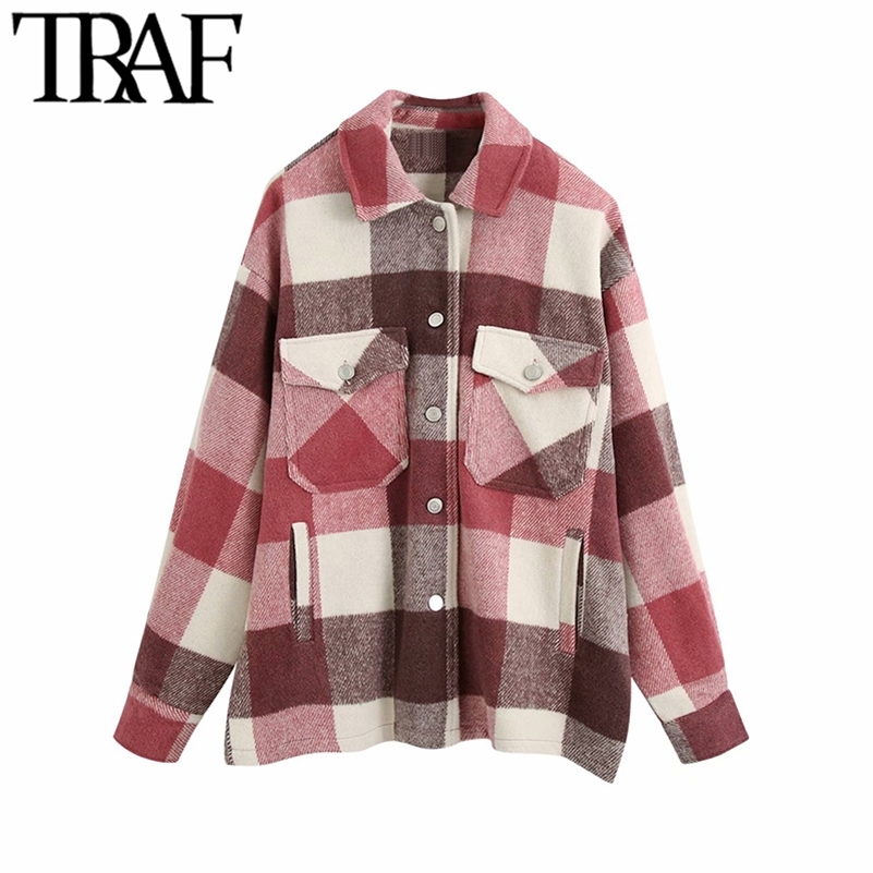 

TRAF Women Vintage Stylish Oversized Plaid Jacket Coat Fashion Lapel Collar Long Sleeve Pockets Loose Outerwear Chic Tops 201112, Thin style red