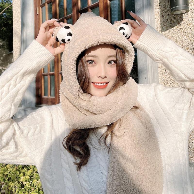 

Dolphin Women Winter Warm Hat Scarf Jennie Faux Fur Cute Panda Ear Head Hat Chocolate Girl Plush Hooded scarf, Beige