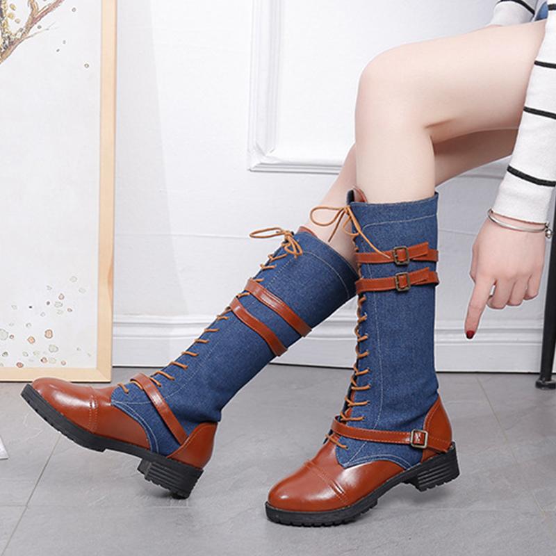

Women Boots Black Canvas Leather Winter Warm Knee High Boots Fashion Ladies Lace Up Cowboy Thigh Long Shoes Bottes VT1662