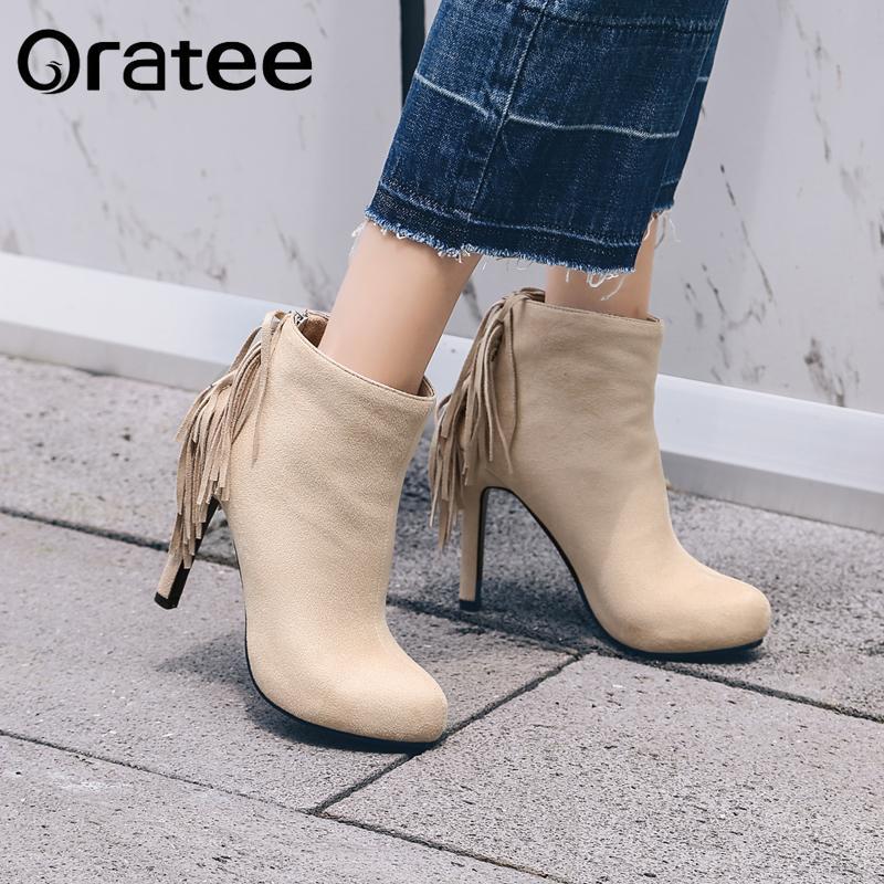 

Women Boots Square High Heel Flock Ankle Round Toe Winter Ladies Party Western Fringe Plus Size 34-43, Apricot