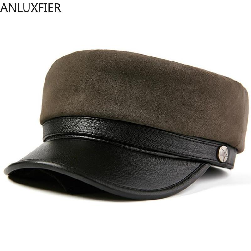 

H7595 Fashion Sheepskin Hat Flat Top Young Students Navy Cap Men Women Genuine Leather Korean Warm Comfortable Caps, Brown