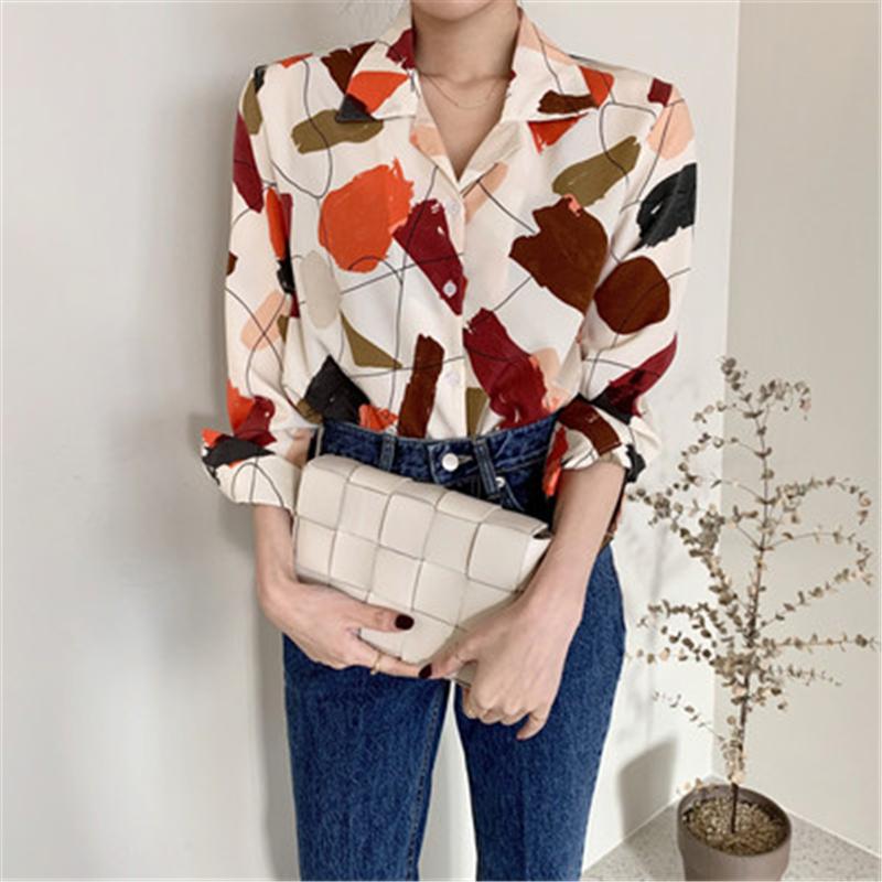 

Women Colorful Print Shirts Spring Autumn Chic Casual Loose Turn-down Collar Single Breasted Office Lady Blouses Female Top, Picture color