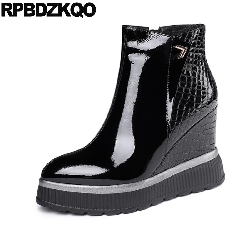 

big size genuine leather black autumn shoes platform 10 plus luxury high heel patent women ankle boots 2020 round toe wedge real