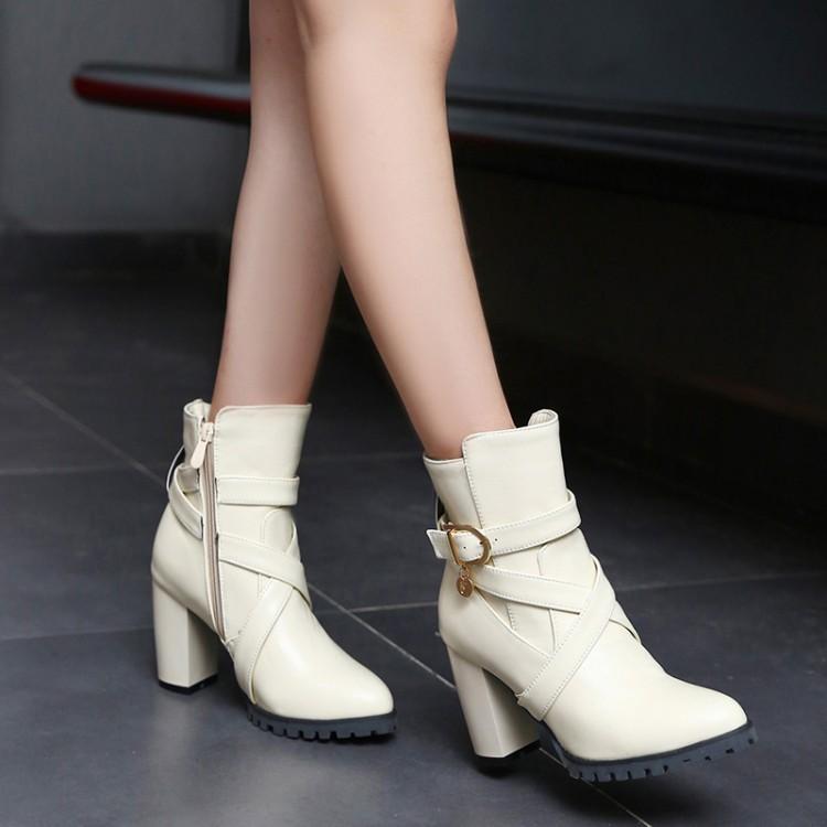

Big Size Fashionable pointed British style onefigure thickheeled belt buckle side zipper highheeled boots, Beige