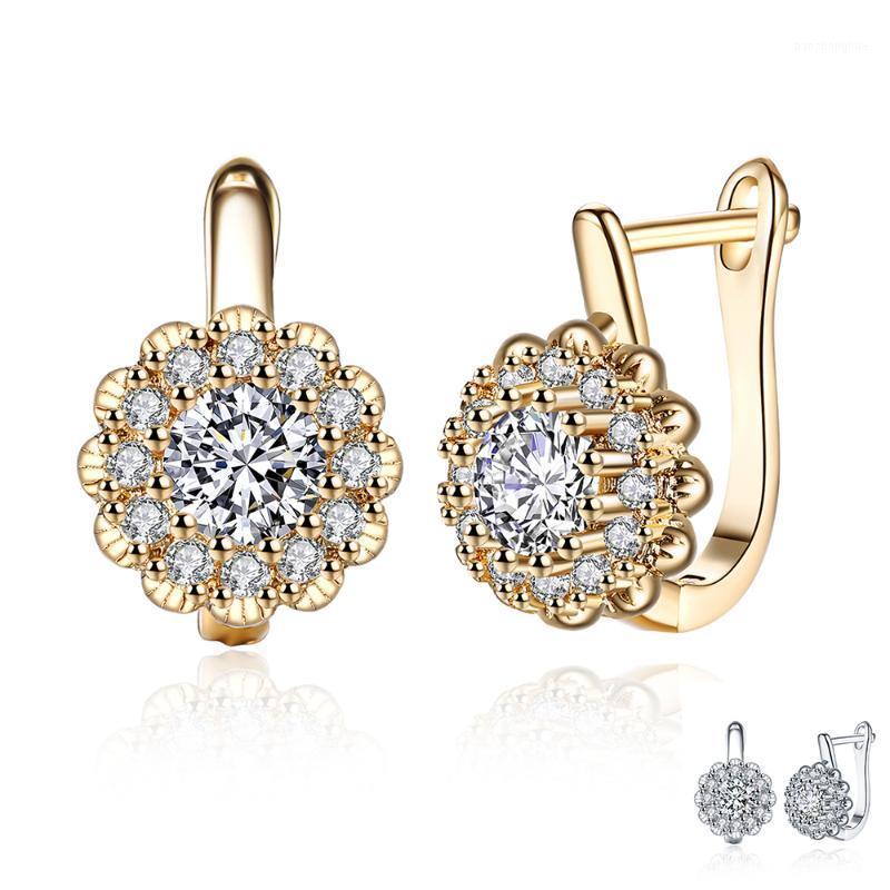 

Flower Romantic Drop Earrings For Women Round 5A Clean Cubic Zirconia Geometric Earring Anniversary Fashion Jewelry Gift Stud, Golden;silver