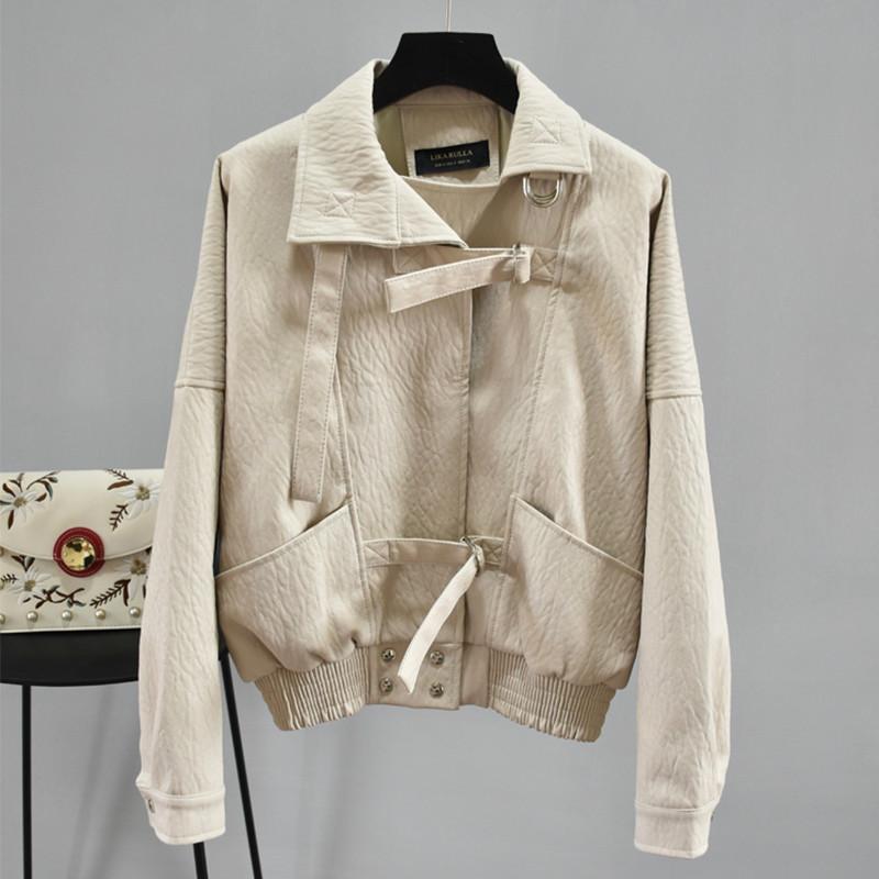 

Sweetwear Women Faux Leather Jackets Spring Ladies Loose Batwing Sleeve Biker Coat Female Turndown Collar Black Short Outerwear, Beige
