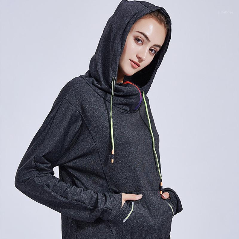 

2020 new loose casual long sleeve hooded Windproof sports t-shirts Tops zipper drawstring blouse women' Joggers workout clothes1, Black