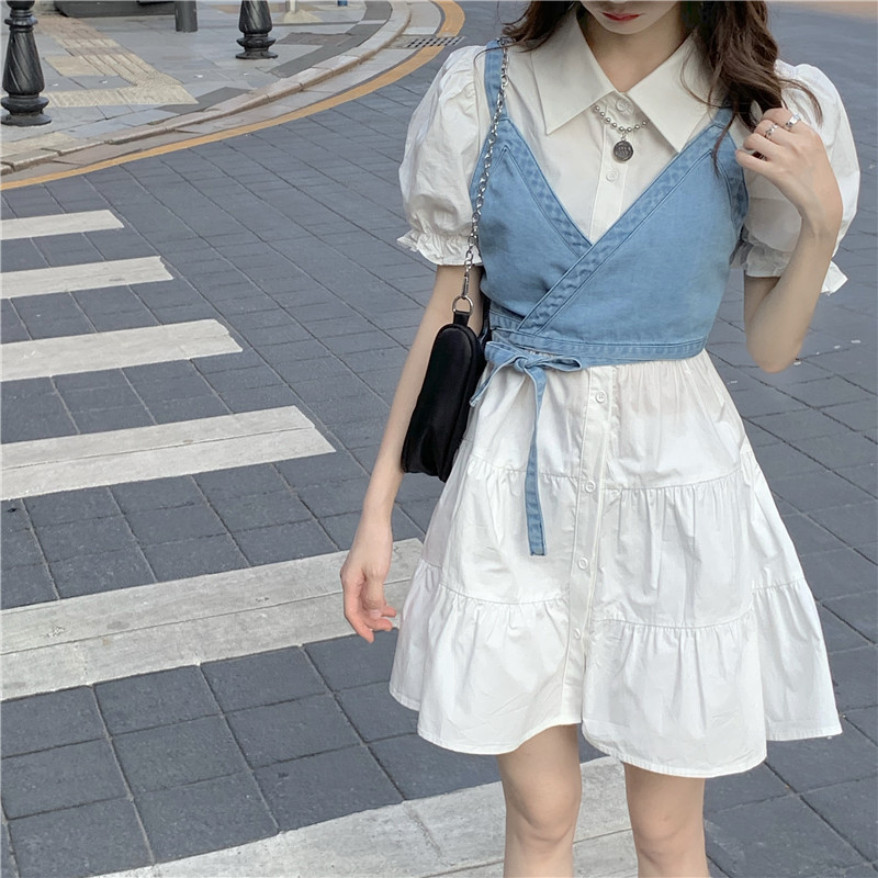 

2021 Portrait Puff Female Summer New Elegant Denim Vest and High Street Dress Fashion Two Short Dressed Pieces 7XU5, Blue