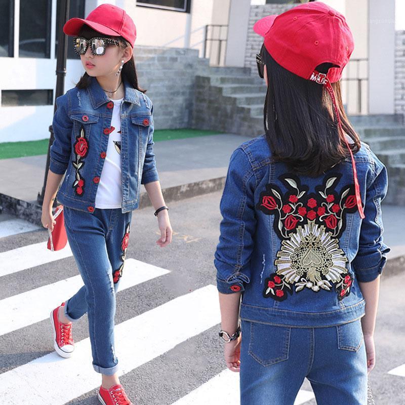 

Long Sleeve Blue Denim Washed Embroidered Flower Clothes Clothing Denim Outwear for Girls 3-14 Years Single Jacket1, D017-b