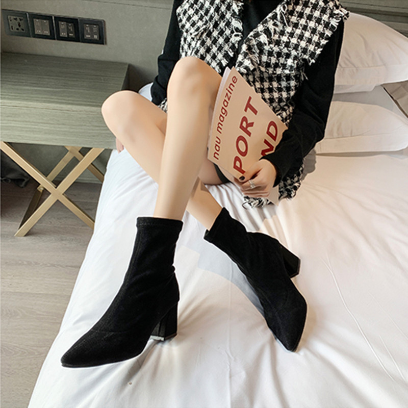 

Fashion elastic ankle stockings thick high-heeled boots Female stretch 2020 Sexy autumn booties pointed elegant toe short bootie, Blake