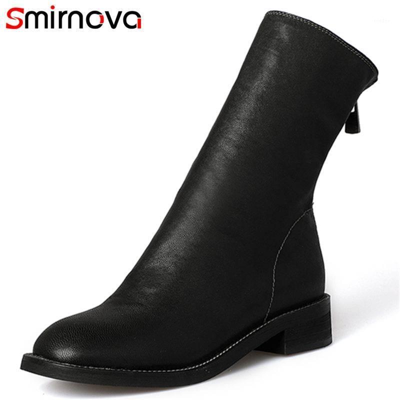 

Smirnova HOT 2020 fashion sheepskin ankle boots women genuine leather round toe square med heel zip boots casual shoes SIZE33-431, Black