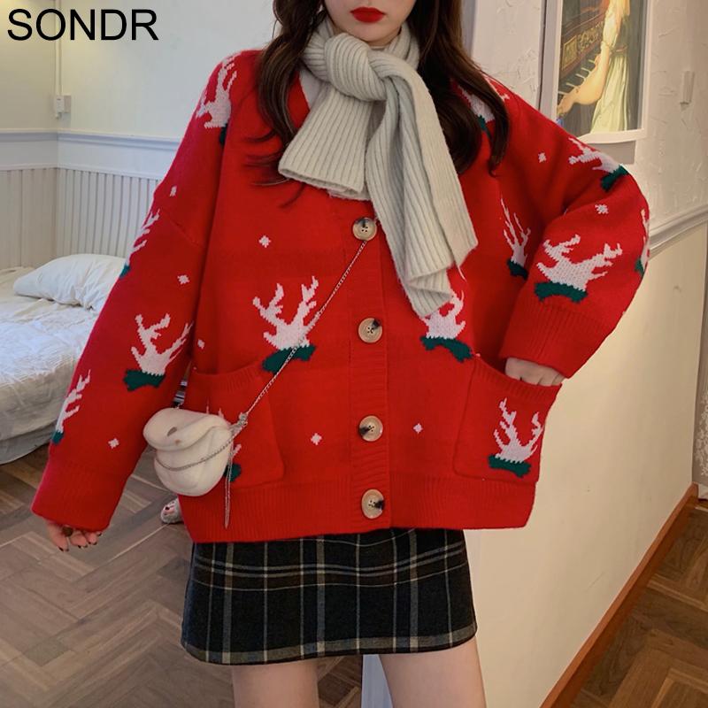 

Cute Kawaii Christmas Antlers Sweater Women 2020 Winter Cardigan Loose Casual Warm Knitted Sweater Girls Punk Outerwear Female, Red