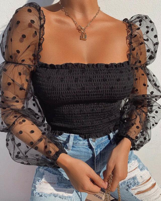 

Puff Long Sleeve Tops Sexy Women Square neck Lace See-through Polka Dot Elastic Crop Top Blouse Shirts Evening Party clubwear, Black