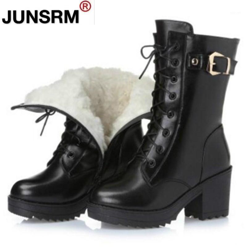 

2021 High-quality Women Snow Boots Winter High-heeled Genuine Leather Women Winter Boots Thick Wool Warm1, Black wool