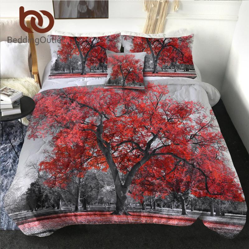 

BeddingOutlet Maple Tree Summer Blanket Retro Red Leaf Comforter Landscape Bedspreads 3D Printed Romantic Quilt Blanket 4pcs