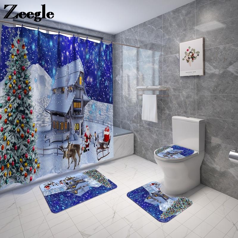 

Christmas Bath Mat and Shower Curtain Set Non-slip Bathroom Floor Carpet Toilet Seat Cover Mat Europe Style Bathroom Set