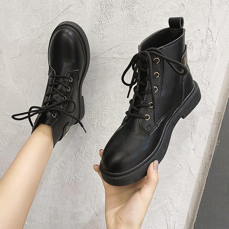 

Rock Shoes Woman Low Heels Booties Luxury Designer Boots-Women Round Toe Lace Up Winter Footwear Ladies Fashion 2020 Black