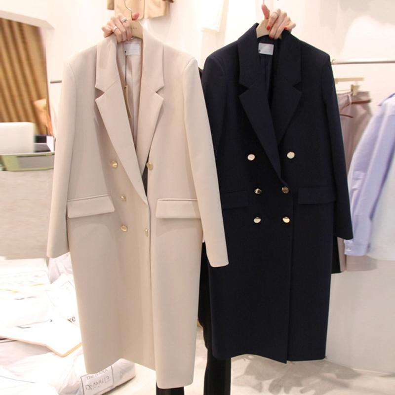 

EWQ] Autumn Female Turn-down Collar Long-sleeved Blazer Double Breasted Solid Color Loose Over Knee Minimalist Suit Top 8Q188, Black
