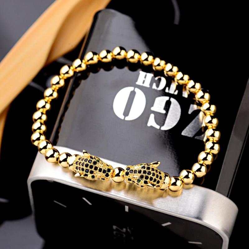 

French Luxury Fashion Bracelet Gold Color Copper Beads Beaded Leopard Head Shape Zircon Decoration 2020 Jewelry Elastic Bracelet