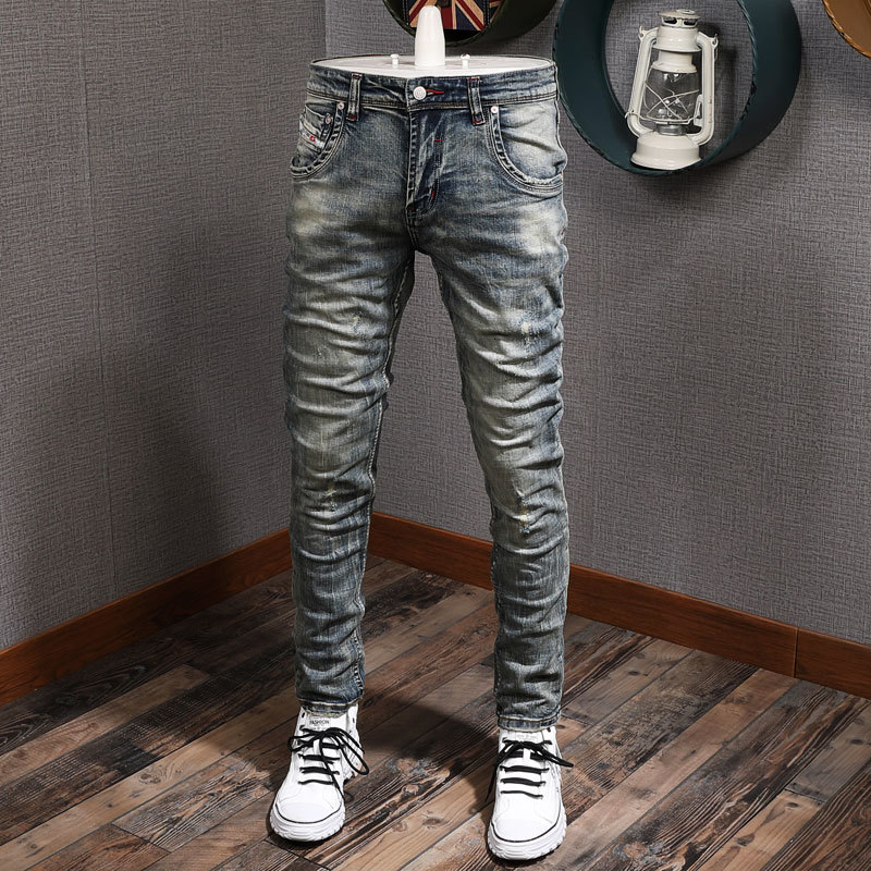 

2021 New Italian Style Fashion Men Jeans Retro Wash High Quality Elastic Slim Fit Ripped Denim Pants Vintage Designer Long Trousers Homme 1b, Retro color