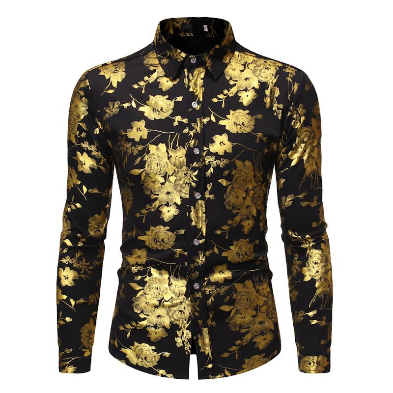

Luxury Gold Rose Floral Foil Print Shirt Men 2020 Spring Autumn New Long Sleeve Black Mens Dress Shirts Wedding Tuxedo Shirt Men, Navy