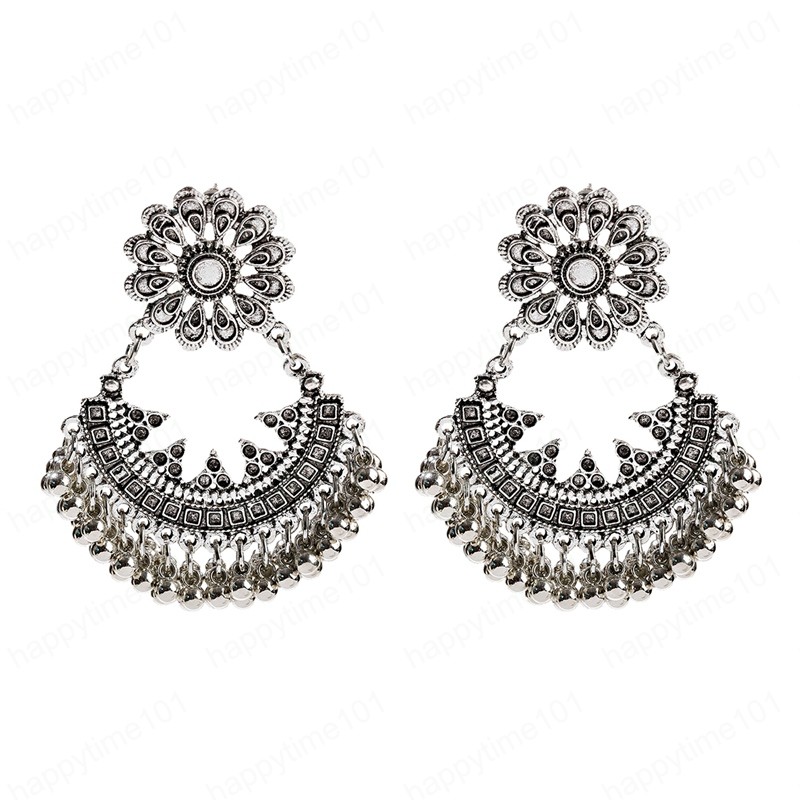 

Vintage Flower Earrings For Women Brincos Ethnic Boho Bells Tassel jhumka Earrings Indian Jewelry, Silver