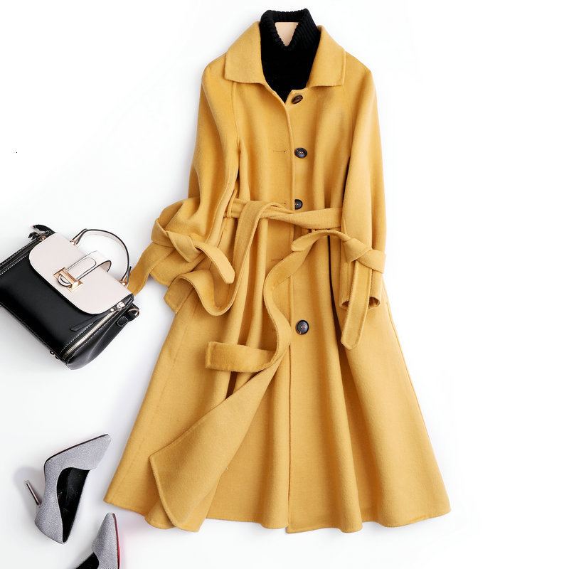 

2021 New Fashion Autumn Winter Woolen Turn Down Collar Women 100% Wool Jacket Yellow Coat Tops Chaqueta Mujer Niqh