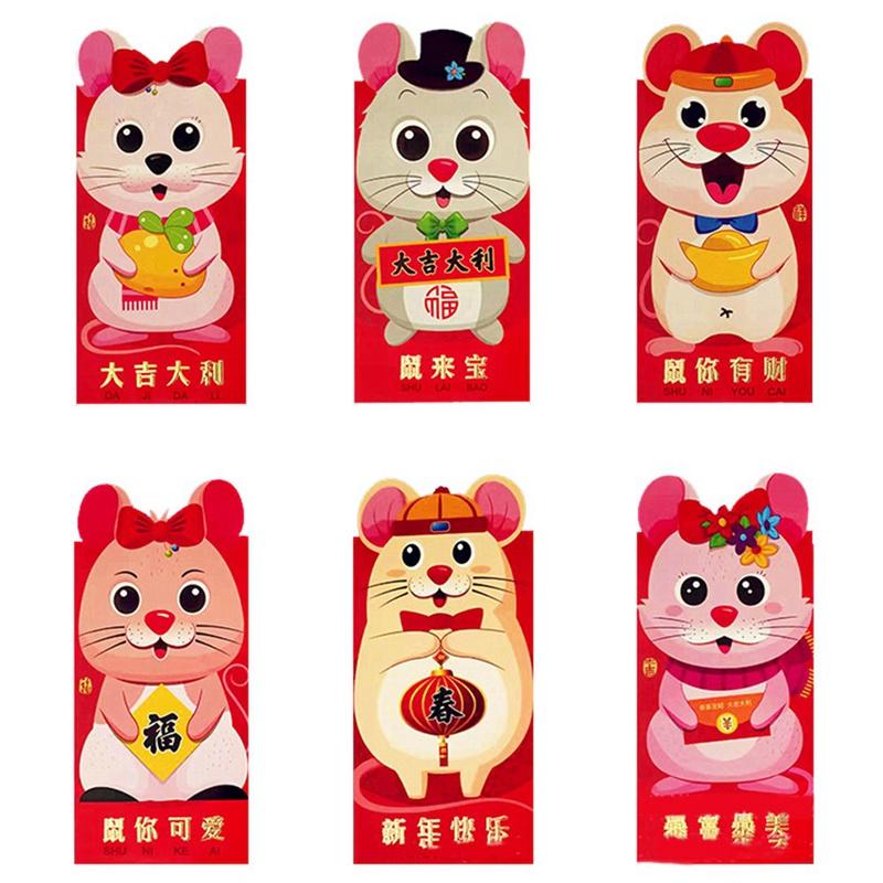 

Chinese New Year Red Money Envelope Year Of The Rat 2020 Cartoon Mouse Packet 6pcs/set