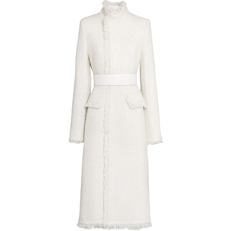 

White tassel tweed woolen coat women stand collar slim small fragrance long overcoat