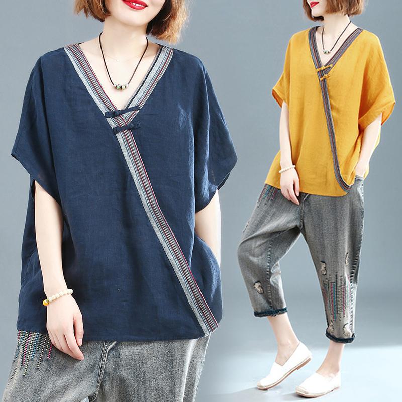 

Women Summer Fashion Japan Style Short Sleeve V-neck Cotton Linen T-shirts Office Lady Large Size Loose 100KG Fit Pullover Tee, Green