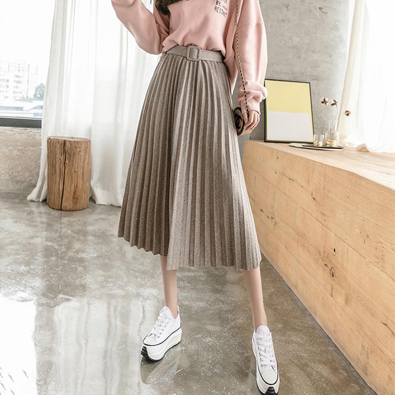 

Autumn Winter Long Glitter Skirt Women Vintage Midi Pleated Skirt Korean High Waist Elegant Ladies Skirts with Belt, Black