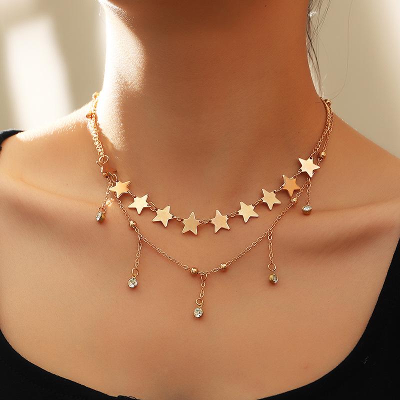 

Punk Gold Color Star Choker for Women Crystal Rhinestone Tassel Pendant Necklace Short Chocker Statement Collar