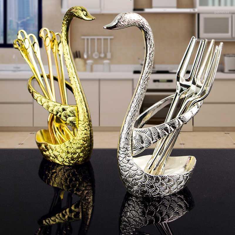 

Stainless Steel Swan Base Holder with 3 Dessert Forks Coffee Spoons Set Tableware Home Decor Swan Base Holder Fruit Forks Set1