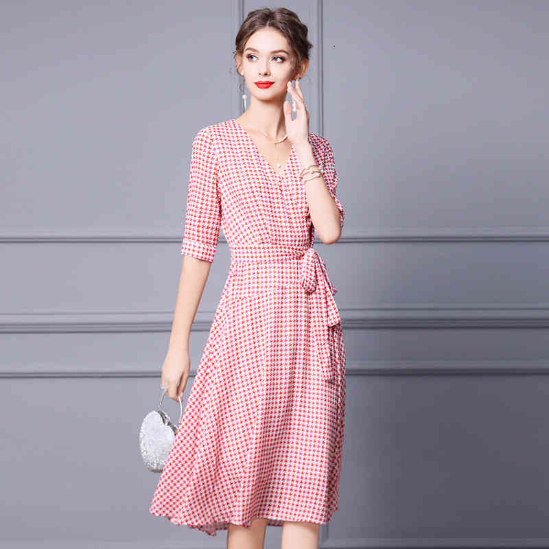 

Casual Dresses Zhili womanly dress thin summer V-neck thousand bird check close waist medium and long A-line skirt 77P1, Red