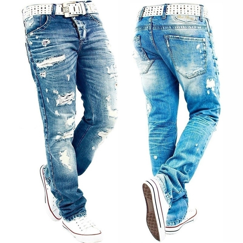 

New Men'S Streetwear Ripped Skinny Jeans Distressed Destroyed Slim Fit Jeans Homme Hip Hop Broken Hole Stretch Biker Jeans Pants 201111, Light blue