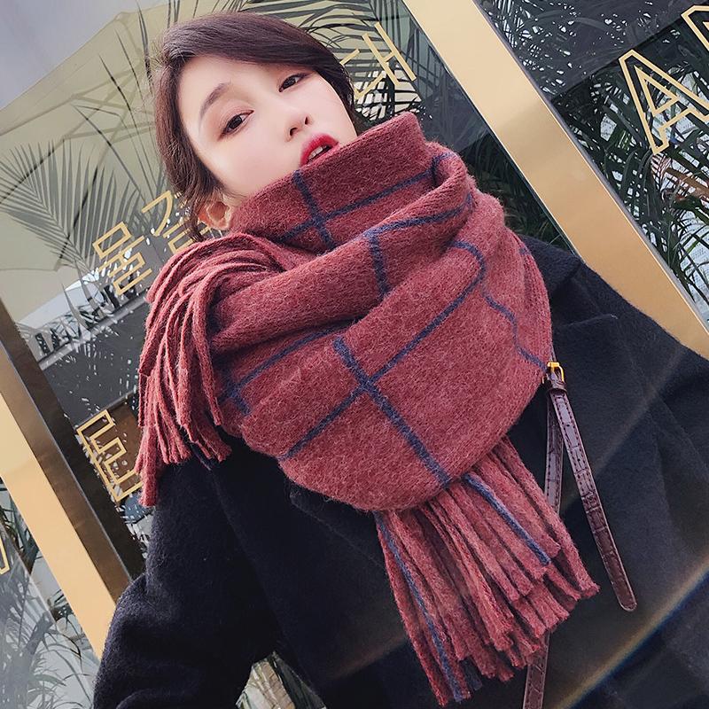 

Scarves SONDR Shawl Plaid Patchwork Thick Keep Warm Knitting Long Korea Fashion Scarf Woman Wool Spinning 2021 Winter